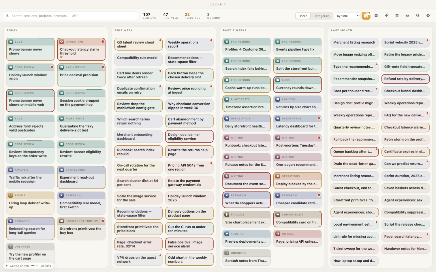 Cockpit's board: every Claude Code and Codex session as a card, grouped by when it was last touched, with red badges on the ones waiting for a reply.