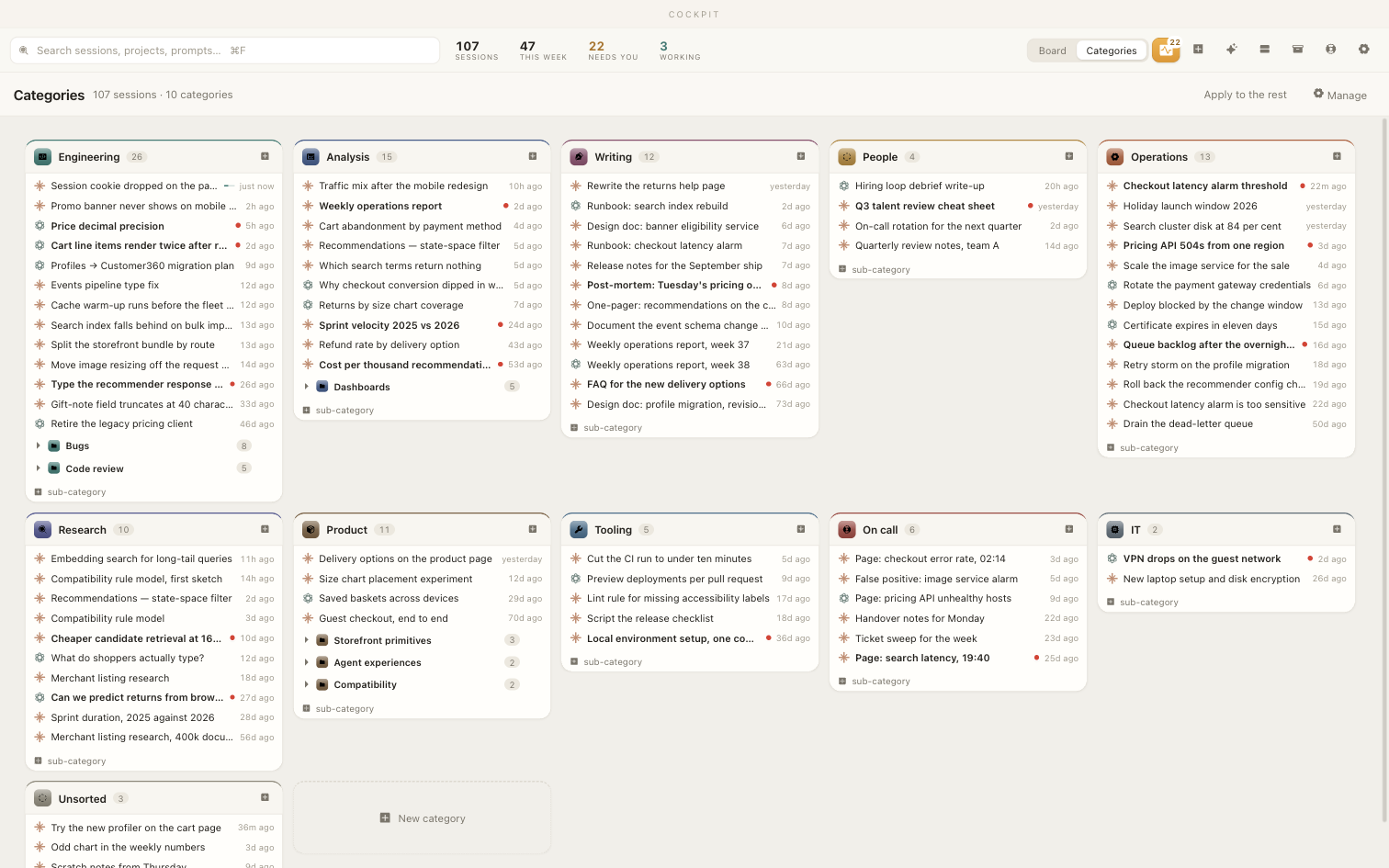 Cockpit's Categories view: sessions filed into colour-coded categories with sub-categories.