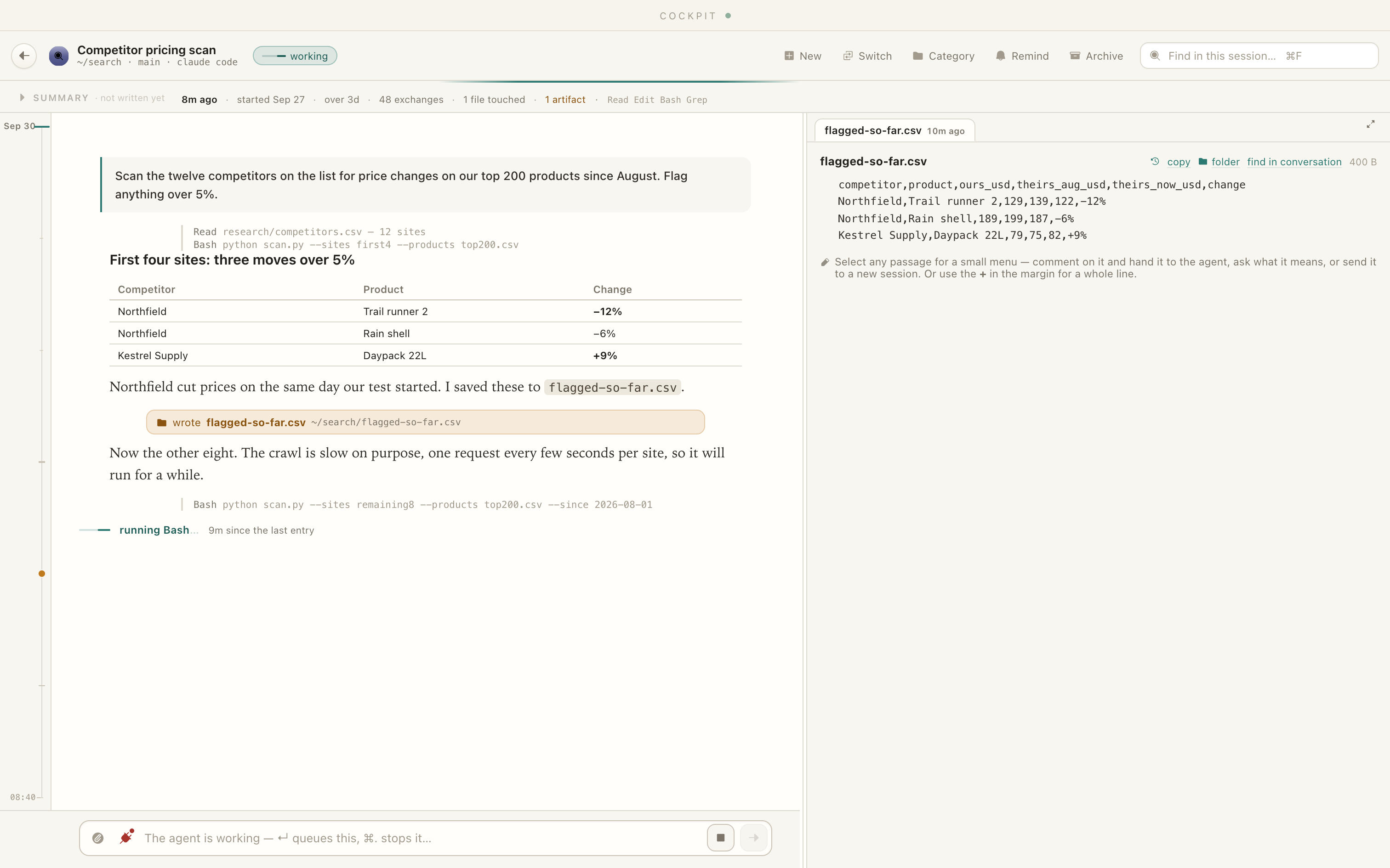 A Cockpit task titled Competitor pricing scan, marked working, with the note running Bash, 9 minutes since the last entry, and the flagged results open beside it.