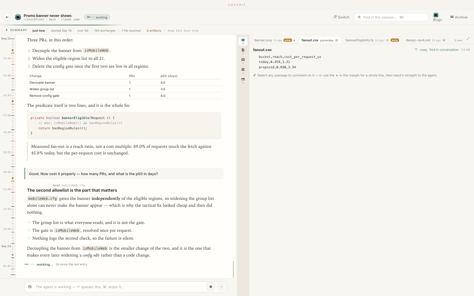 An open session in Cockpit: transcript, a summary up top, and the agent's files as tabs with a version timeline.