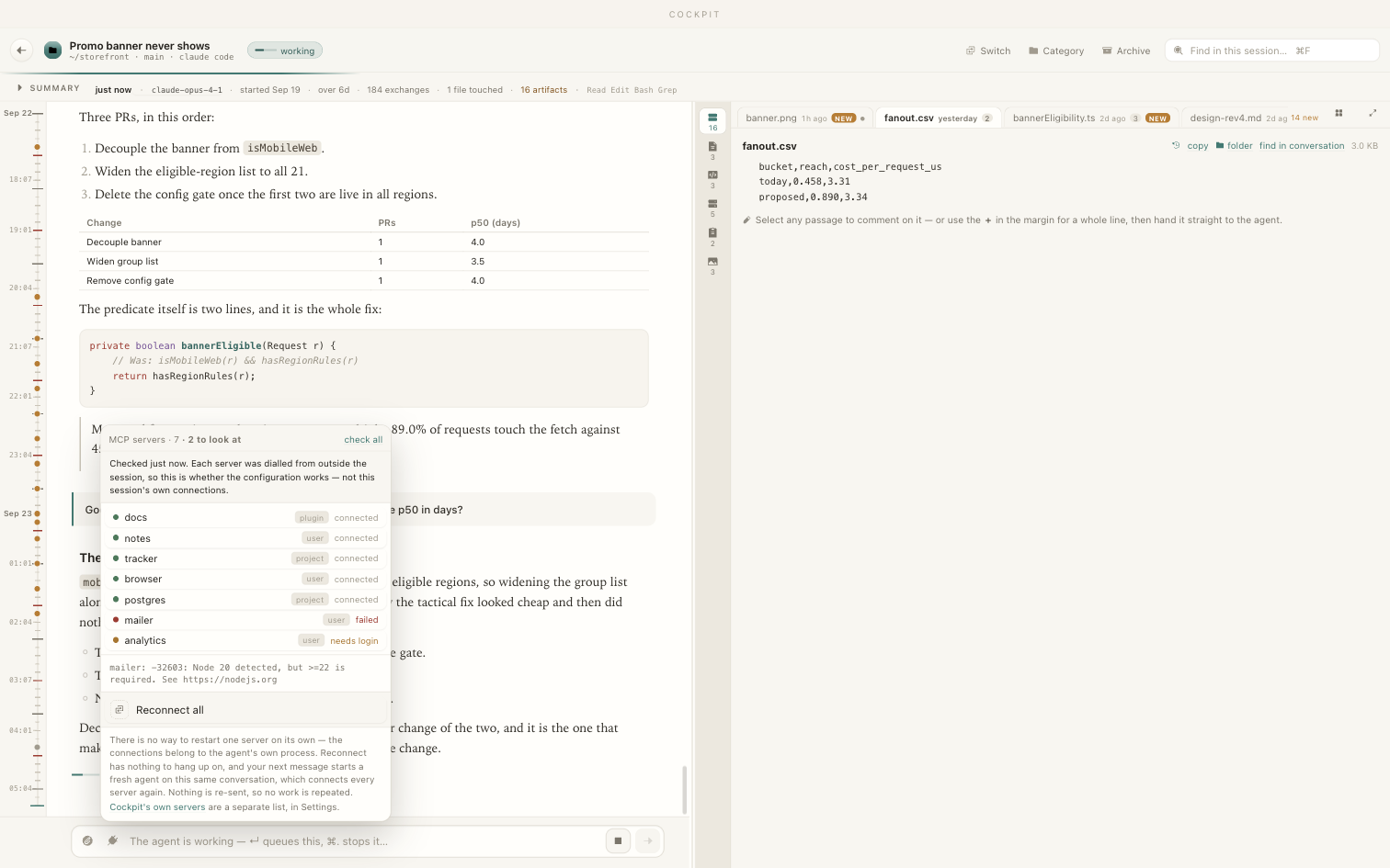 The MCP server menu open above the typing line: one row per server, each with where it came from and its state, a failing server's error text underneath, and a Reconnect all button.