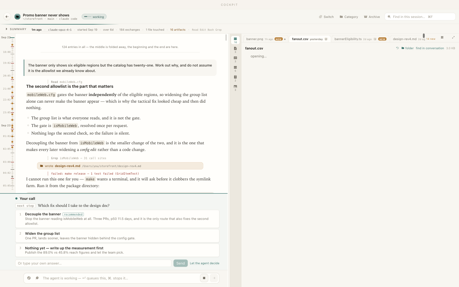 An agent's next-step question in the session, with the options as buttons and a box to type a different answer.