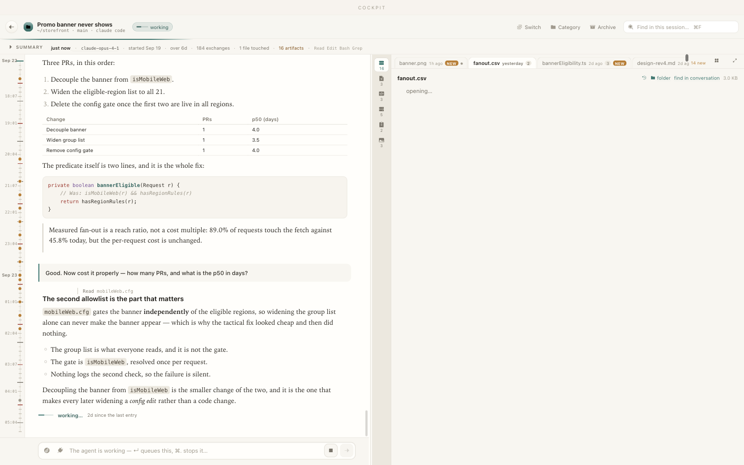 An open session: summary at the top, the transcript in the middle, artifact tabs on the right, a timeline down the left.