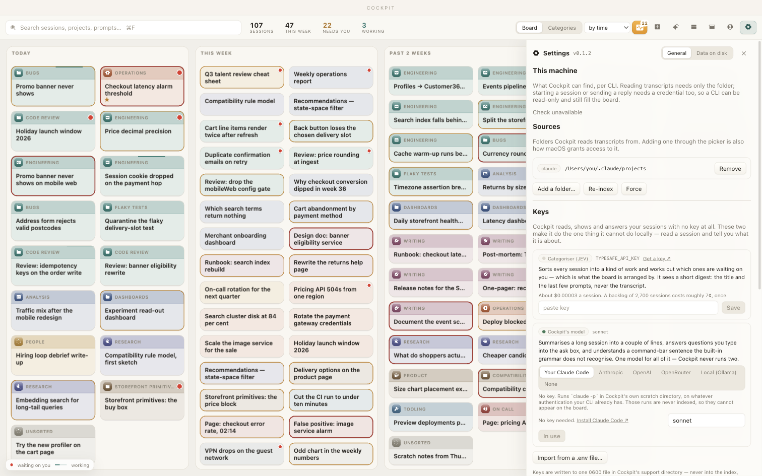 The settings panel: transcript folders, the model for summaries, API keys, and the doctor check.